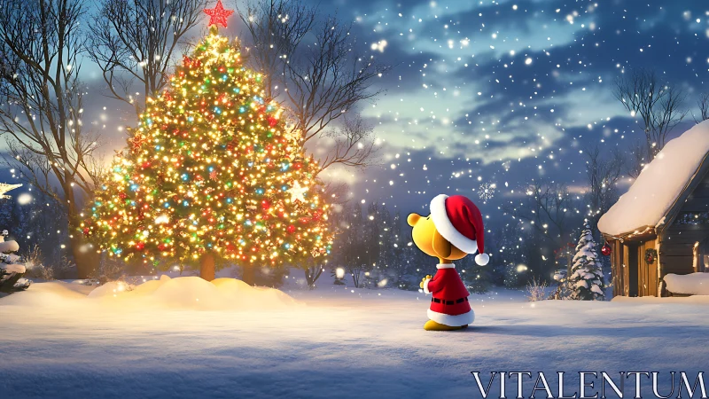 Snowy night wonder with a glowing Christmas tree friend.