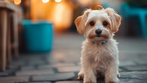 Small fluffy dog sitting on paved street at dusk.