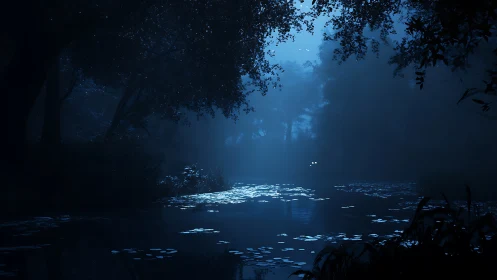 Moonlit forest pond draped in quiet midnight blue mystery.