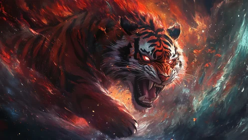 Blazing cosmic tiger charging through swirling fiery storm.