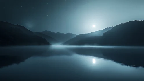 Moonlit mist over still fjord cradled by midnight hills.
