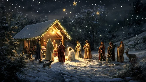 Snowy nativity scene under starlit sky with glowing manger.