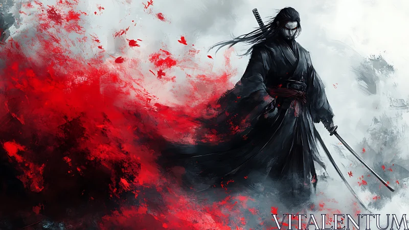 Dark samurai strides through crimson storm of abstract blood