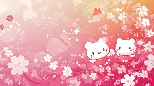 Cute white cartoon mice in pink floral spring field.