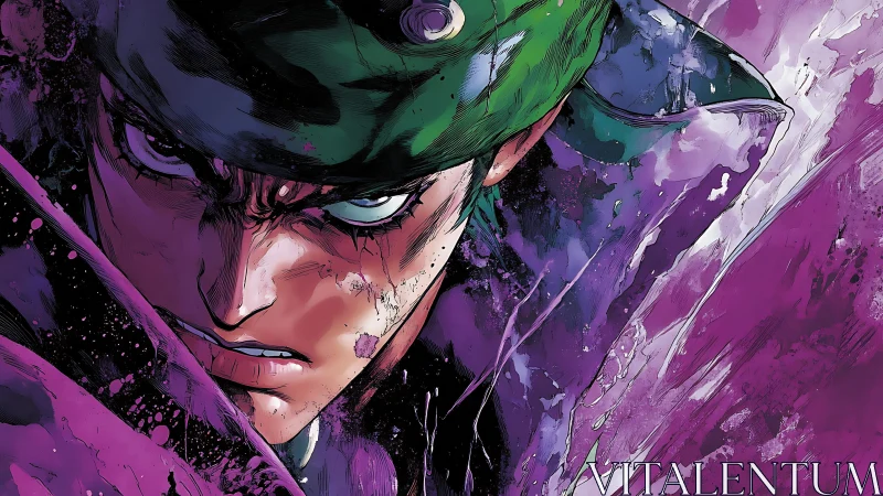 Intense anime warrior portrait in expressive violet splashes.