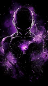 Energetic humanoid silhouette in violet particulate eruption.