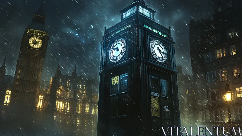 Rain-soaked London clock tower glows with quiet mystery