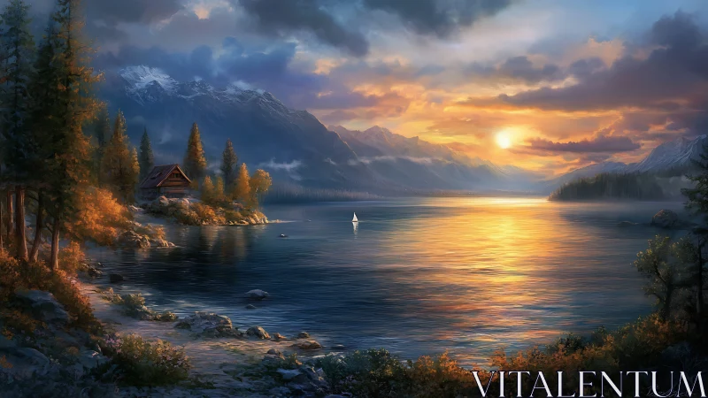 Lakeside cabin and sailboat under warm mountain sunset.