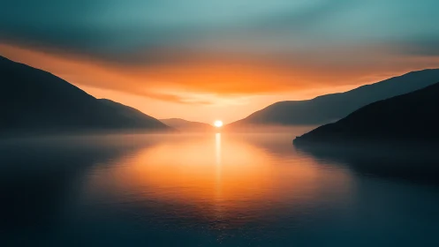 Sunset over calm mountain lake with mirrored reflections.