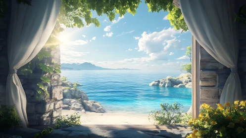 Sunny sea view from rustic stone doorway with curtains.