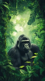 Gentle gorilla rests calmly amid lush emerald jungle greens
