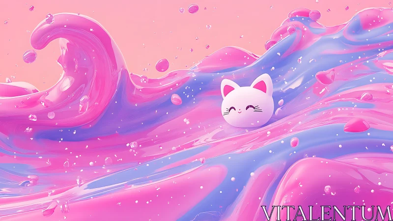 Candy surf kitten drifting through glossy pastel waves.
