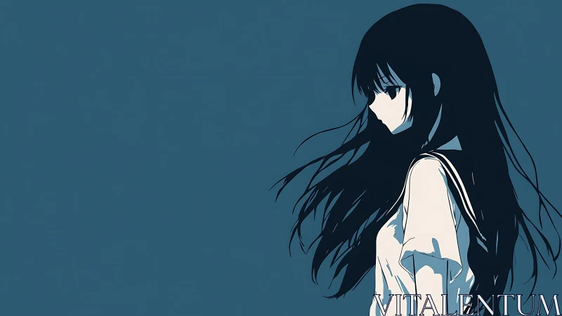 Wind-swept schoolgirl drifts through a silent teal horizon.