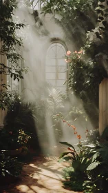 Sunlit conservatory garden renders volumetric light beams