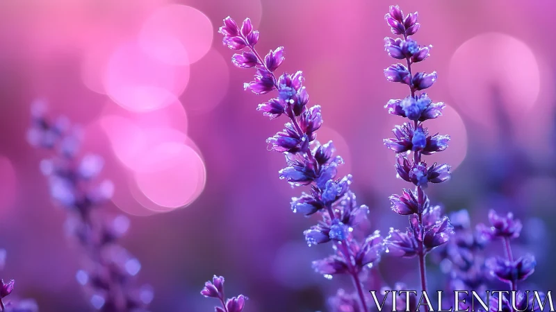 Purple Lavender Flowers with Dewdrops in Soft Focus.