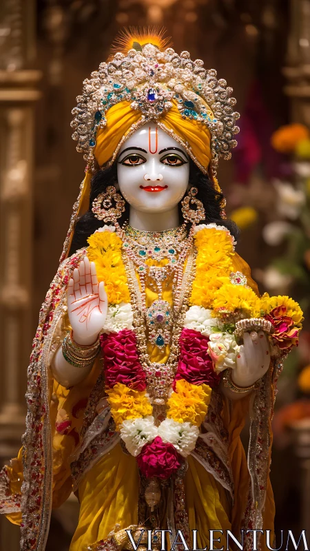 Bejeweled Hindu deity statue garlanded in radiant marigolds.