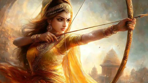 Warrior woman archer in golden attire drawing bowstring.