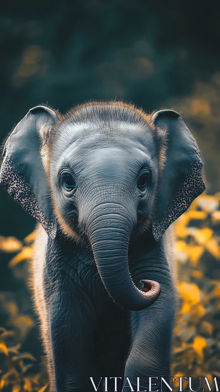 Close-up portrait of a young elephant in soft forest light.