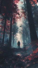 Solitary figure in autumn forest with light penetration