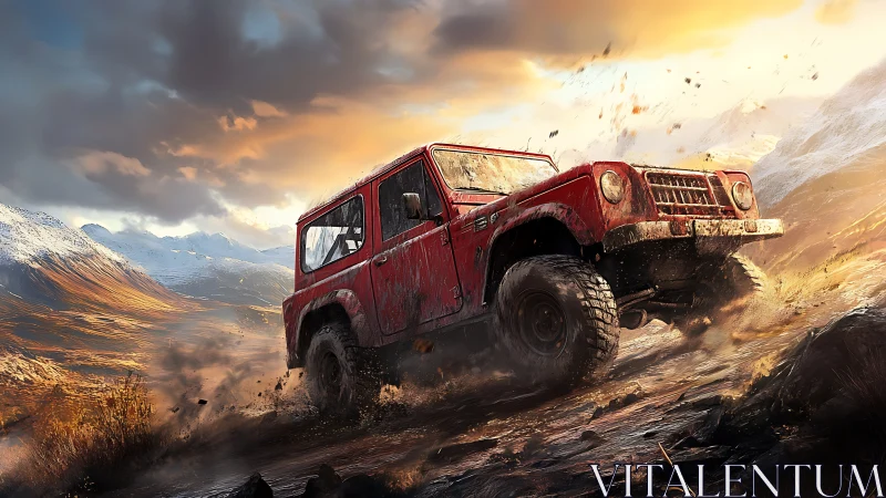 Bold red off road truck powers through wild mountain trail