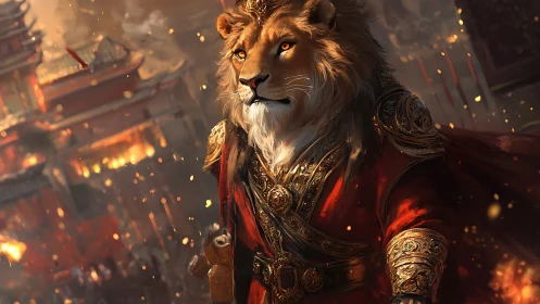 Lion warrior in ornate red armor stands before burning city
