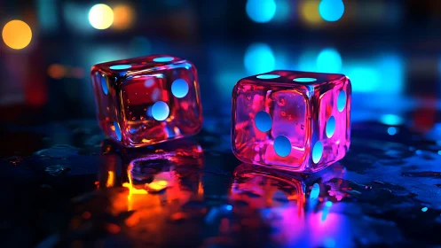 Neon glass dice on wet surface under colorful bokeh light.