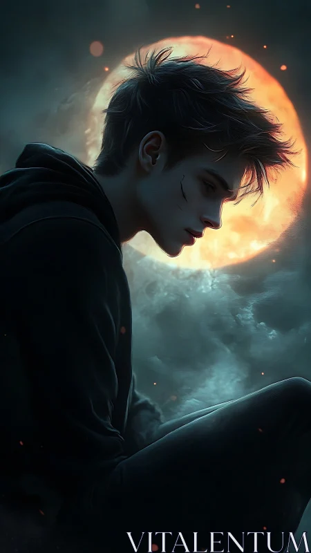 Melancholic youth in profile against oversized moonlit aura