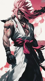 Pink haired anime warrior in white robe with red sash.