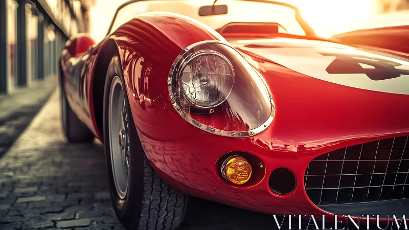 Low-angle study of a glossy red vintage racing roadster at sunset