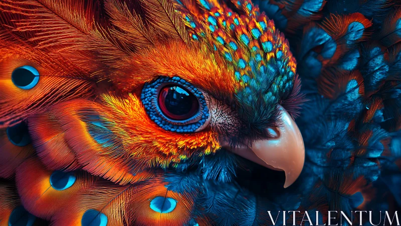 Vivid Close-Up of Exotic Bird with Neon Feathers in Digital Art.