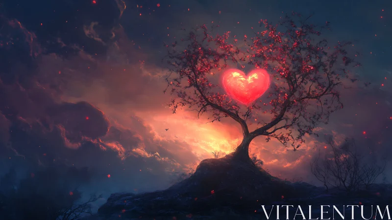 Luminescent Heart-Shaped Sun Above Silhouetted Landscape with Volumetric Atmospheric Effects