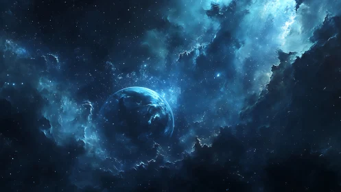 Blue planet drifts through luminous nebula clouds silently.