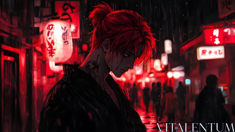 Rain-soaked ronin with ember hair under neon ghosts.