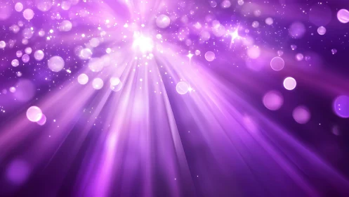 Radiant purple light rays with sparkling bokeh in abstract style.