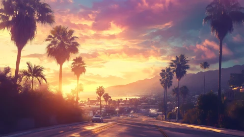 Sunset boulevard descending toward coastal city and bay