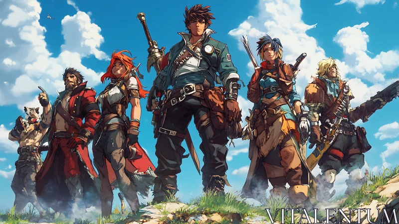 Mixed fantasy adventurer lineup on grassy ridge under sky.