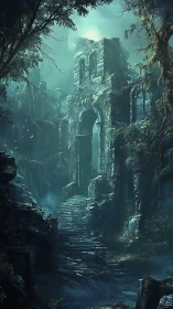 Overgrown stone ruins with staircase in dense forest light.