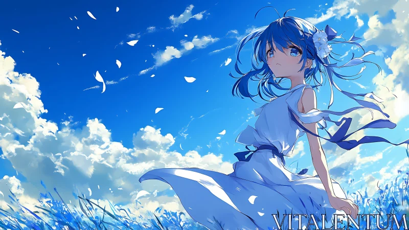Blue-haired girl watches drifting petals under vivid sky.