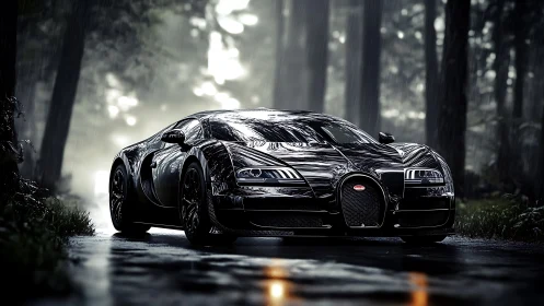 Black hypercar on wet forest road under rainfall conditions.