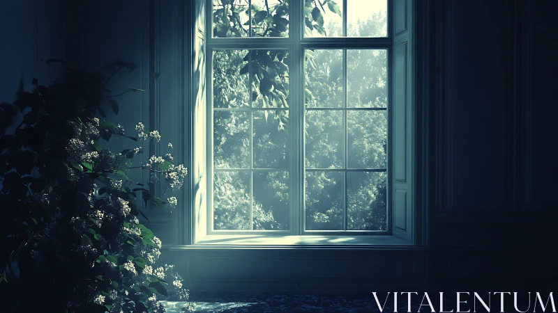 Moonlit foliage leans toward a hushed, dream-blue window