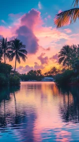 Tropical lagoon reflects vivid sunset clouds in tranquil silence