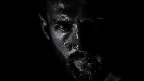 Low-key monochrome portrait isolates half-illuminated male face