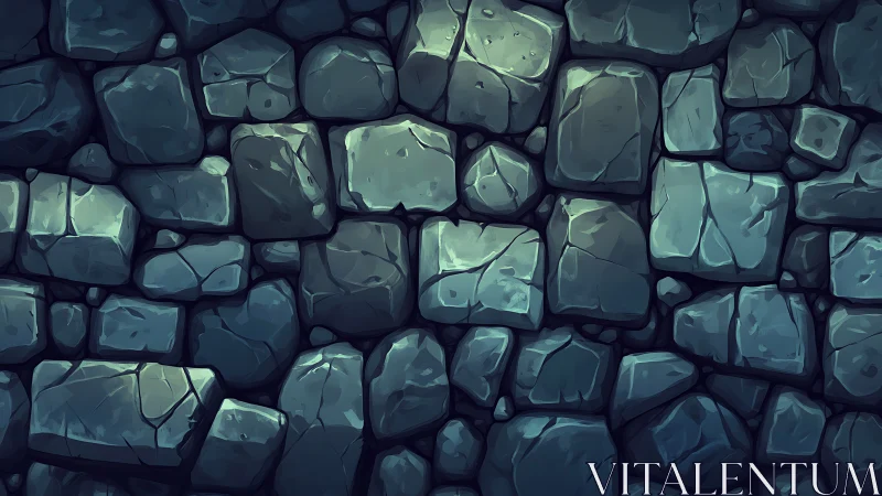 Stylized blue stone wall texture shows uneven cracked blocks