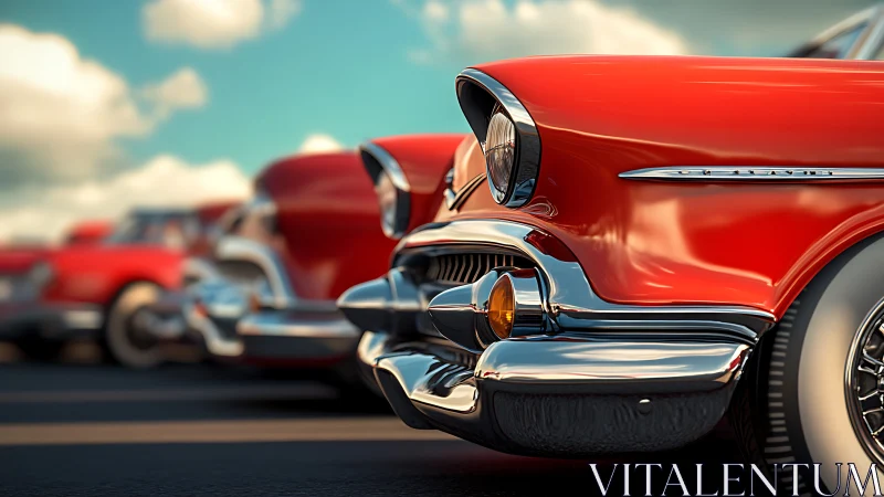 Sunlit chrome parade of cherry red vintage cruisers on asphalt.
