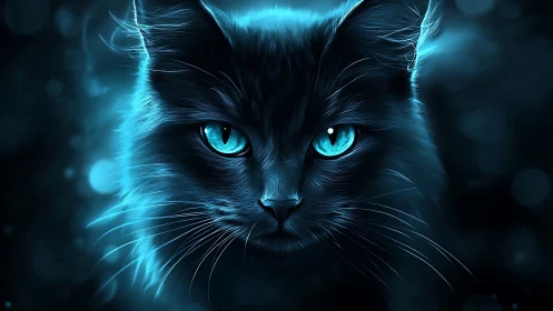 Luminous Cat Eyes. Glowing Cyan Feline Portrait.