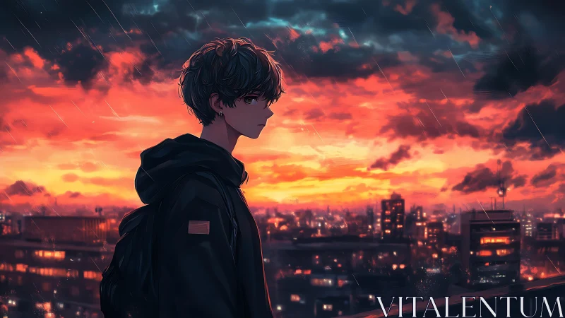 Solitary anime boy above neon city at burning sunset.