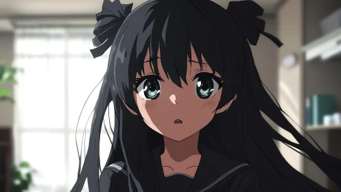 Soft daylight frames a shy anime girl in quiet wonder