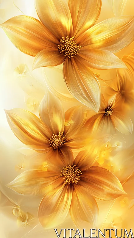 Golden flowers rendered with radial gradient petals and spherical stamens