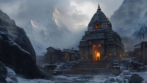 Winter temple glow beneath towering, misty mountain peaks.
