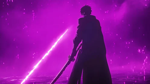 Silhouetted swordsman stands before bright purple energy beam